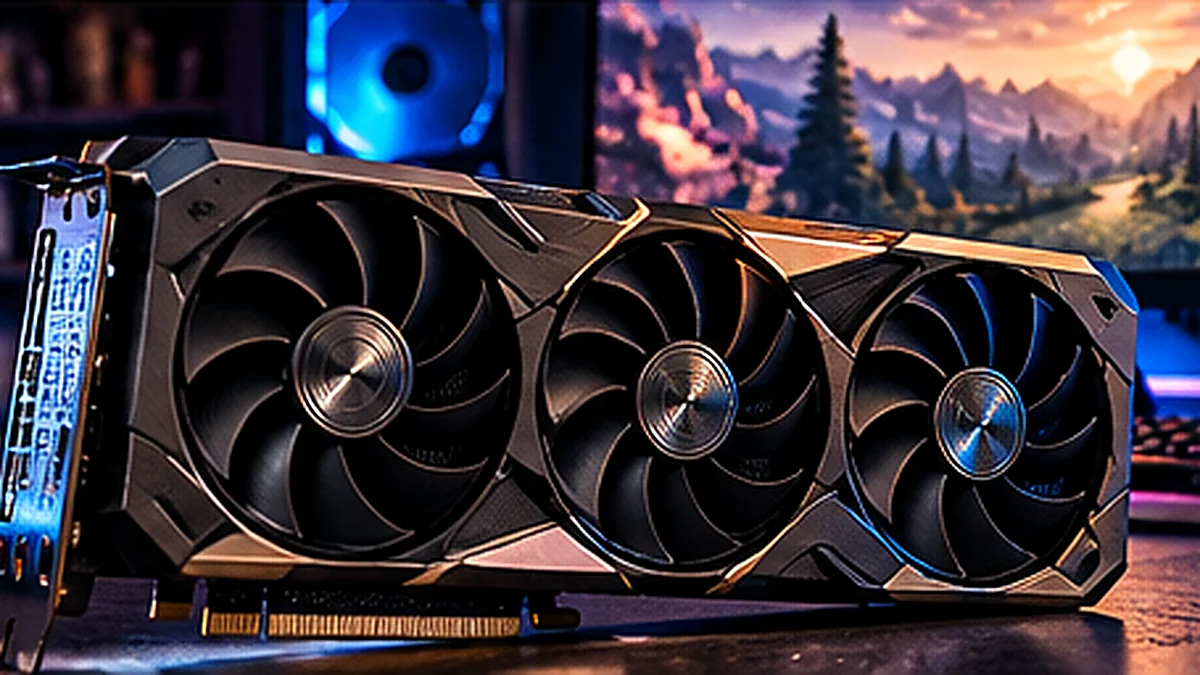 Modern three-fan graphics card next to an illuminated gaming PC and monitor